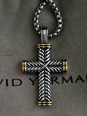 David Yurman Silver Cable Cross Pendant with Gold Accents On A 22", 2.7mm Yurman
